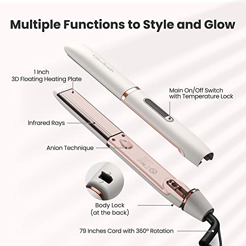 Easyinbeauty Hair Straightener Flat Iron With Ionic Infrared, 1 Inch Professional Hair Straightener And Curler 2 In 1, Ceramic Tourmaline Flat Iron With 5 Adjustable Temp, Led Display, Fast Heating #TOP1