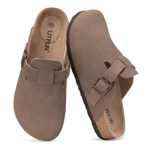 Litfun Unisex Genuine Suede Clogs Soft Footbed Leather Potato Shoes Comfort Slip On Clogs with Arch Support Mocha EU 39