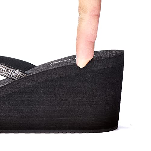 Ampeo Women's Wedge Sandals Comfortable Rhinestone Dressy Summer Thong Flip Flops,Black,Size 8 #TOP4