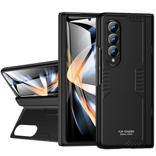 for Samsung Galaxy Z-Fold-4 Case: Hidden Kickstand & Hinge Guard | Slim Soft Case with Screen Protector | Phone Stand Cover for Z Fold 4 5G 2022 Black