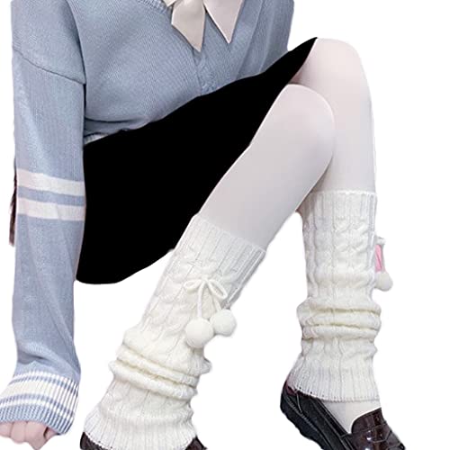 Qirun Calentadores de pierna de punto de cable de invierno para mujer, lindo lazo, botas cálidas, muslo, calcetines altos