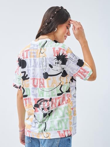Image of Bewakoof X Disney Mickey Women's 100% Cotton Graphic Print Oversized Fit Half Sleeve Round Neck T-Shirt | Casual wear | Streetwear | Oversized Tshirt for Woman Cotton| Baggy