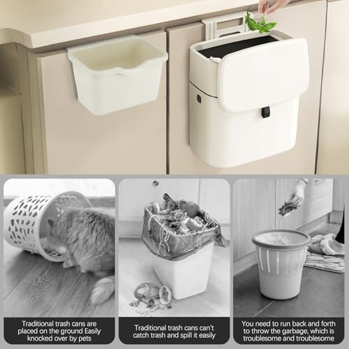 Image of 2 Pcs Hanging Trash Can with Lid, 2.4 & 0.5 Gallon Kitchen Compost Bin, Wall-Mounted Garbage Can, Small Trash Can Cabinet for Kitchen Cupboard Bathroom Bedroom Office Camping Rv