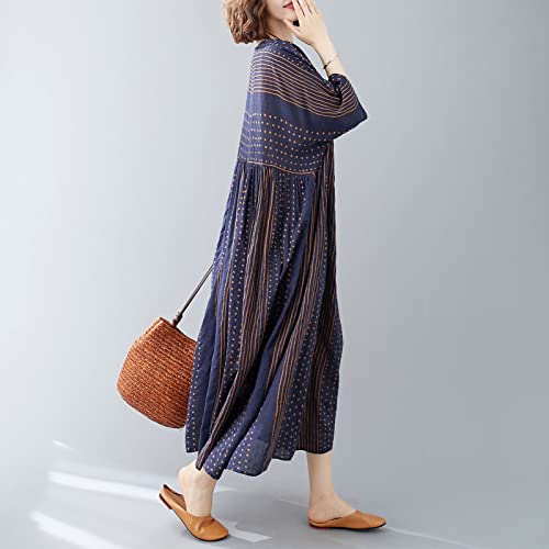 Moochy Vestido feminino vintage de linho de algodão com estampa listrada O pescoço, meia manga, bols