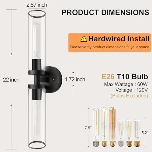 Image of Black Wall Sconces, Set of 2, 22'' Modern Vanity Lights Fixture for Bathroom with Clear Glass, Wall Sconces Lighting, for Living Room /Bathroom Hallway Mirror /Bedroom (Bulbs Not Included)