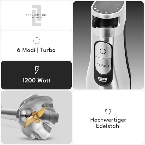 LEBENLANG Premium 1200W Stabmixer Edelstahl - Inkl. 1000ml Messbecher & Spritzschutz I Stufenlos verstellbar & Turbo I Elektrische Hand Blender Pürierstab Edelstahl Zauberstab Mixstab Purierstabmixer