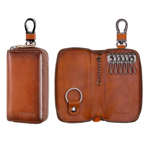 Leather Key Holder Case - Zippered Key Organizer Wallet, Cash Leather Case Wallet with 6 Hooks,1 Removable key ring& 1 Keychain for Card - Gift for Men Women (Brown)