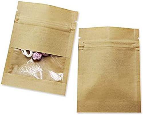 LUCKYBEE 100枚入 クラフト紙 包装袋 チャック袋 透明窓 包装バッグ ヒートシール チャック DIY ティー ナッツ 小型 菓子袋 小物 手作り 保管袋 再封可能 (9*13cm, ブラウン)