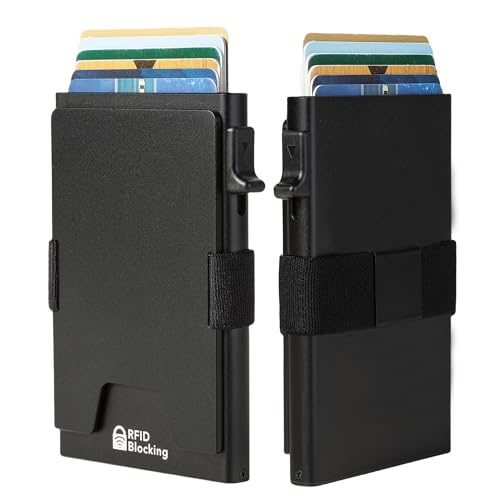 GOLRIDI Minimalist Mens Card Holder Wallet, RFID Blocking Slim Smart Pop Up Aluminum Wallet,Holds 12+ Cards,Expandable Compact Plate,Cash Strap/Money Clip (Black)