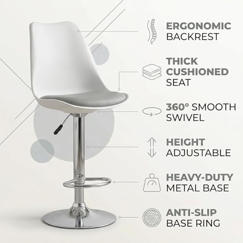Image of activa Rapid Bar Stool Chair with Height Adjustable Design, Padded Seat & Footrest | Modern Metal Counter Stool for Kitchen, Home, Bar & Cafe Seating | Durable Comfort Chair (White & Grey, Set of 1)