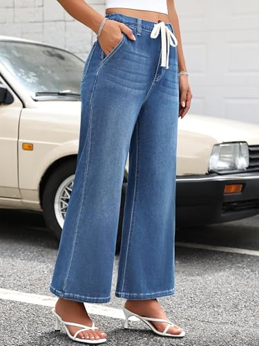 HDLTE Wide Leg Jeans Woman High Waisted Trendy Pull On Elastic Waist Drawstring Stretchy Denim Jean Pants with Pockets，Light Blue，M — view 3