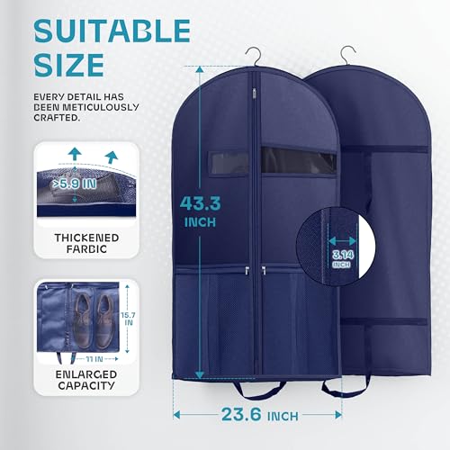 Image of Lazebox 43 inch Travel Garment Bag with Accessories Zipper Pocket, Heavy Duty Suit Bag for Suits, Tuxedos, Dresses, Coats, Blue, 1 pack