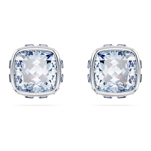 Swarovski Birthstone stud earrings, Square cut, March, Blue, Rhodium plated