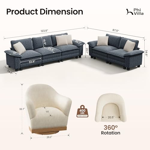 Image of PHI VILLA Cloud Modular Couch Sets with Swivel Accent Chair, 123.6 inch Sectional Sofa with L-Shaped Chaise, 4-Seater Couches with Ottoman for Living Room, Chenille Dark Cyan Sofa & Corduroy Beige Chair