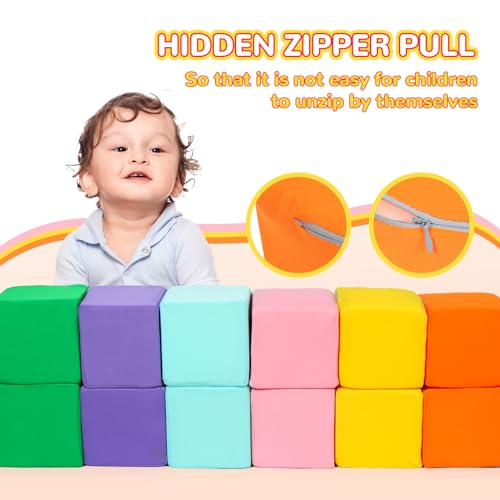 Foam Blocks for Toddlers, 12 PCS Soft Building Blocks for Kids, Large Foam Cubes Colourful Stacking Block Sets - Throw & Play Toys with Washable Cover(Pink, Light Blue, Yellow, Orange, Green, Purple) - image 3