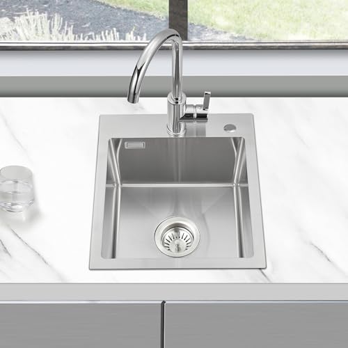 KINKIBOS 304 Stainless Steel Kitchen Sink 40 x 45 cm, Small Kitchen Sinks, Topmount Sink with Tap Hole and Overflow (Without Drain Pipe), 1 Bowl, Brushed