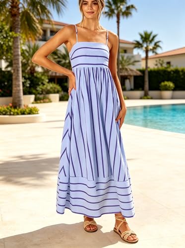 Image of utcoco Womens Summer Striped Back Smocked Maxi Sundresses Spaghetti Strap Cut Out Flowy Swing A Line Long Dress