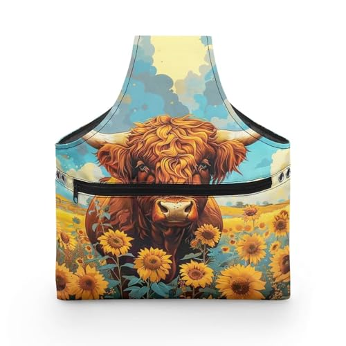 Image of Highland Cow Yarn Bag with Crochet Organziers and Storage Sunflower Knitting Wrist Bag Holding Knitting Needles,Large