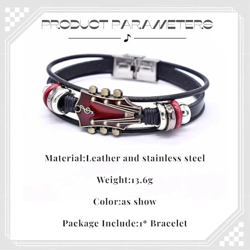 Image of Leather Bracelet for Men, Stylish Music Themed Guitar Bracelet, Adjustable Wristband for Casual Wear, Red, Hand Chain Leacther Music Themed Gifts, 20.5 cm