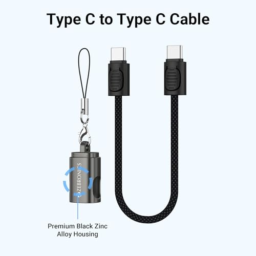 Image of Zebronics Wattz 60CC4 Type-C to Type-C Braided Cable, PD 60W, Upto 480Mbps Data Sync, 20 cm, Durable, Charge & Sync, Rapid Charging, Compact with Keychain Case, For Laptops, Tablets, Mobiles (Black)