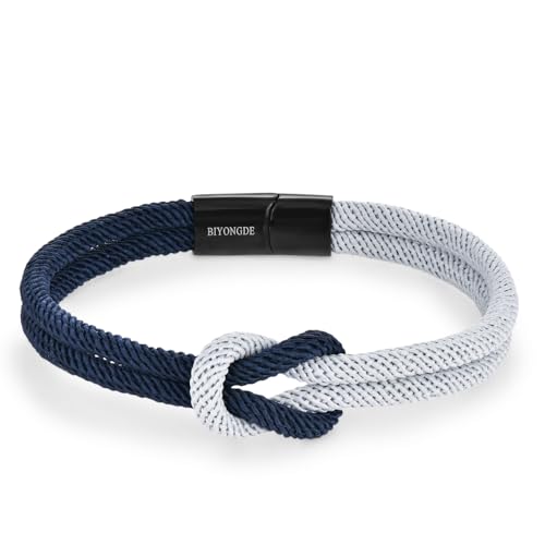 Mens Two-tone Nautical Love Knot Rope Bracelet, Navy Blue and Silver Grey Double Row with Sleek Stainless Steel Black Clasp, Friendship Forever Love Rope Bracelet, Minimalist and Nautical Style