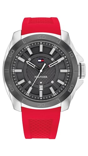 Image of Tommy Hilfiger Men's Red Stainless Steel & Silicone Strap Black Dial Analog Watch