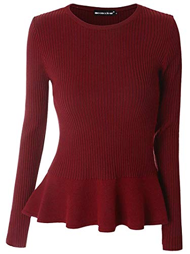 Mooncolour Women's Long Sleeve Knitted Fitted Peplum Tunic Top Wine Red #TOP14
