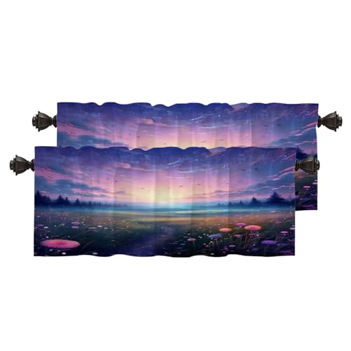 BaoNews Sunset Meadow Birds Blackout Kitchen Curtain, Beautiful Sunset Meadow Scene Window Treatment Rod Pocket Light Filtering Bathroom Short Valance 2 Pack 52X16 Inches