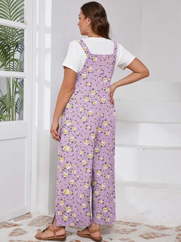 AusLook Plus Size Women's Adjustable Straps Jumpsuits Purple Chrysanthemum 1X Casual Loose Wide Leg Overalls with Pockets — view 2