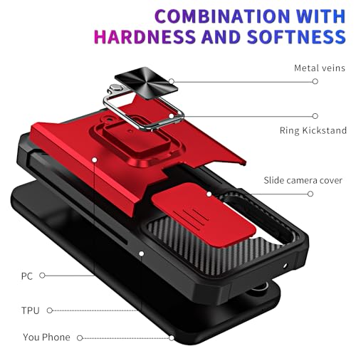 Image of LuxuryKase Shockproof Armor Case for Samsung Galaxy S26 | Slide Camera Cover | Hidden Card Slot | Rotating Ring Kickstand | Magnetic Car Mount Support | Military Grade Protection - Red
