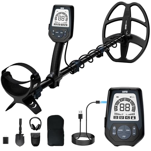 SUNPOW Detector de Metales Profesional para Adultos Recargable: 6 Identificadores de Metales, Bobina Impermeable IP68, Pantalla LCD, Detector de Metales para Búsqueda de Tesoros en la Playa