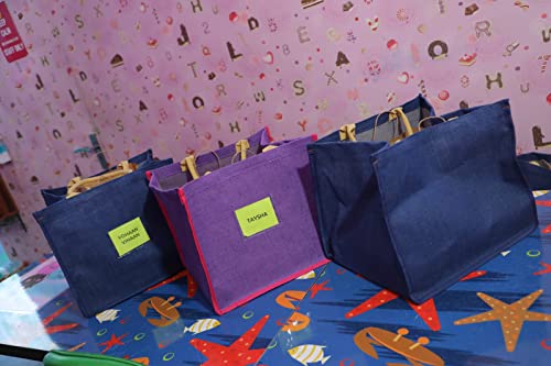 Image of DOUBLE R BAGS Reusable Jute Gift Bag with Cotton Handle for Shopping, Wedding, Return Gifts & Birthday Party, Blue, Pack of 1