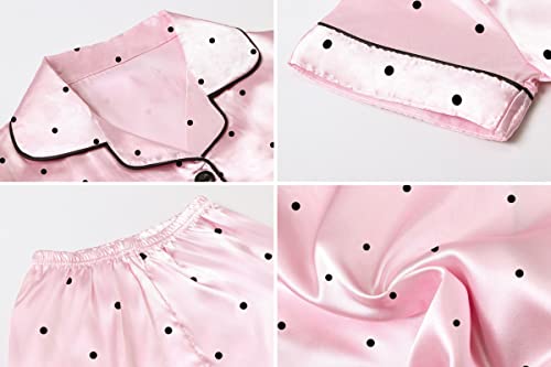 Image of Umeyda Women & Girls Pajamas Set, 2 Piece PJS Satin Silk Sleepwear Button-Down Top with Shorts for Mom Kids Gifts