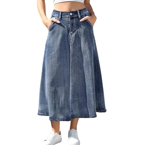 HUSKARY Women's Stretchy High Wasited A Line Long Maxi Jean Skirt Below Knee Length Flared Midi Denim Skirts with Pockets Large Blue