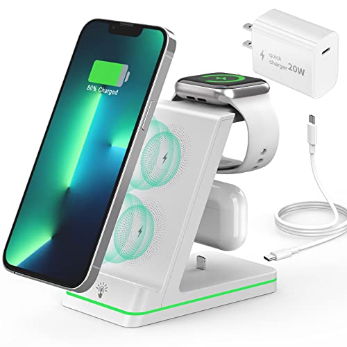 Charging Station for Apple Devices, 3 in 1 Wireless Charger Stand with 20W USB C Adapter Compatible with iPhone 14 13 12 11 Pro Max 8 XS XR, Fast Charging Stand Dock for Apple Watch Series & AirPods