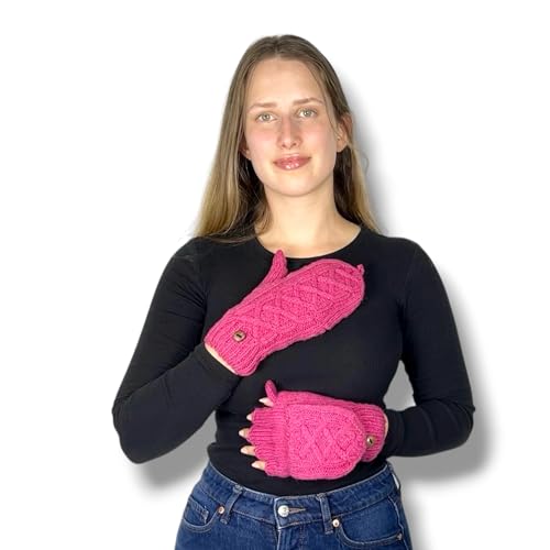 Ella Sussman Hand Knit Alpaca Wool Convertible Irish Cable Micro Fleece Lined Flip-Top Mittens Fingerless Gloves Arm Warmers (Pink, Medium)