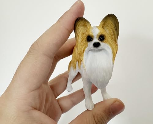 Realistische kleine Papillon-Figur aus Kunstharz, Geschenke, Hunde-Gedenkfiguren, Auto-Dekoration, Sammler-Hundestatue, Skulptur, Geschenke für Papillon-Liebhaber (braun-weiß, L: 6,2 cm x B 3,5 cm x H