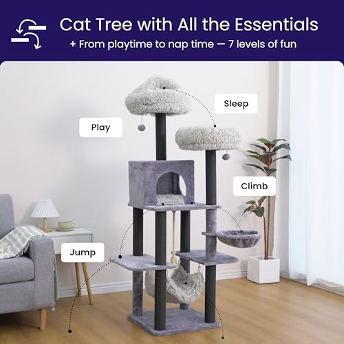 Árbol para gatos grande 7 niveles con condo y camas gris miniatura 3