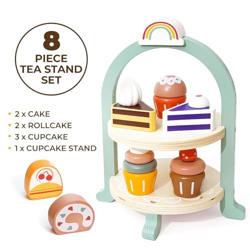 Image of BLiSS HUES Wooden Cupcake Stand- 8 Pcs Toddler Tea Set & Food Pretend Play Accessories- Kitchen Playset for Kids