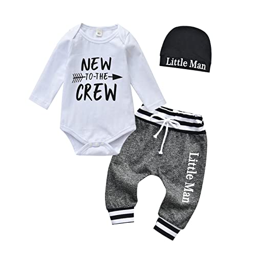 Derouetkia Newborn Baby Boy Clothes Letter Print New to The Crew Romper + Little Man Pants + Hat 3Pcs Outfit, White, 0-3 Months(60)