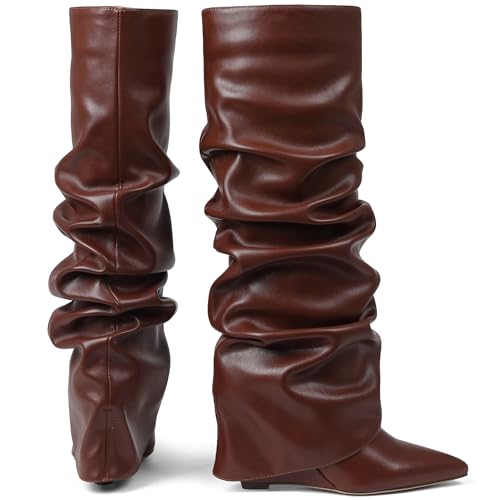 Image of Oiamenne Women's Fold Over Boots Slouch Wide Calf Knee High Boots
