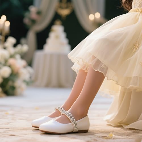THEE BRON Flower Girl Shoes for Weddings Pearl Ballet Flats with Adjustable Bows & Soft Sole3
