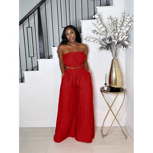 Image of Two Piece Sets for Women Summer Outfits Crop Tops and Wide Leg Pants Sets Sexy Jumpsuits Vacation Outfits with Pockets