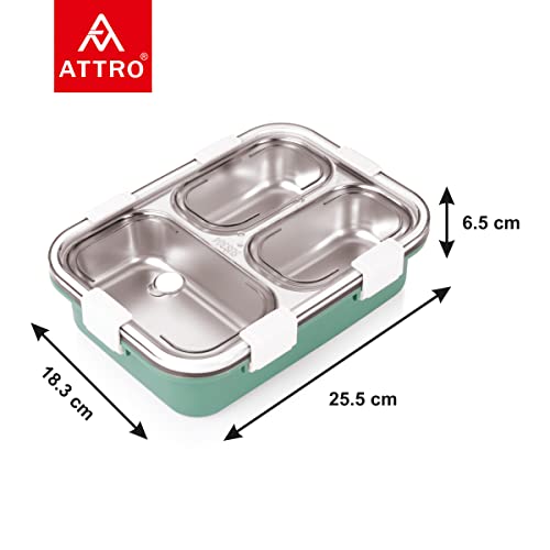 Image of Attro Bento 3 Compartment Stainless Steel Lunch Box with Steel Spoon, Heating & Water Insulation Design for Office, School & Travelling, 750ml- Light Green