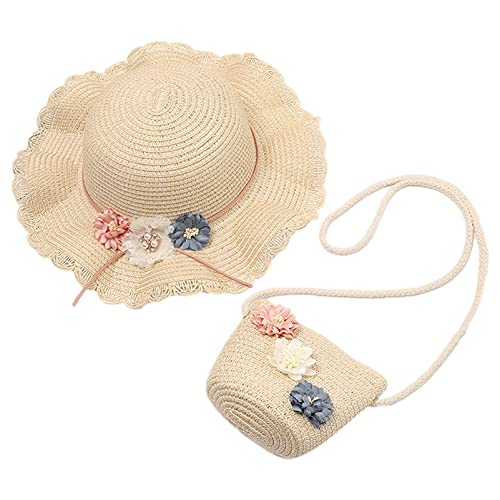 Girls Straw Hat Purse Bag Set Lace Brim Flowers Pearl Summer Beach Sun Hat Princess Shoulder Crossbody Bag Chin Strap