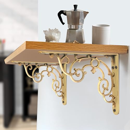 Image of Metal Handcrafted Shelf Bracket for Floating Shelves, L Angle Decorative L Shaped Corner Brace Joint Heavy Duty Wall Mounted Shelf Supporter, Corner Brace Holder | (Pack of 2 Pair, Gold)
