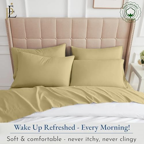 King Size 6-Piece Organic Cotton Sheets Set (1 Flat, 1 Fitted, 4 Pillowcases) 1000-Thread Count Long Staple Cotton, Sateen Weave, 28" Deep Pockets - Taupe - Thumbnail 4