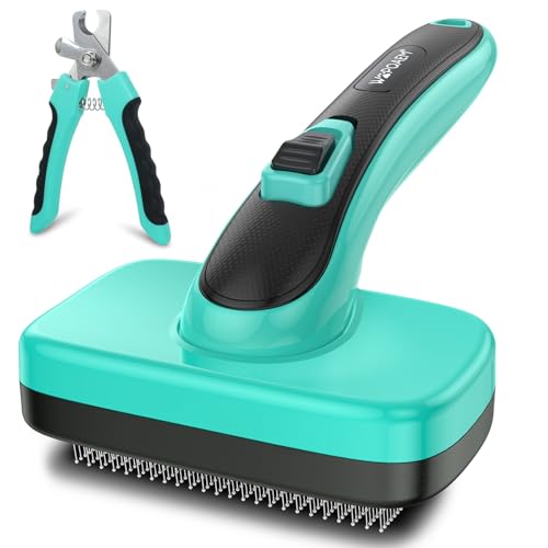 WOPQAEM Dog Cat Self-Cleaning Slicker Brush + Nail Clippers Set for Shedding Grooming Long Short Hair. Safe Painless Bristles Removes Loose Fur, Undercoat, Mats, Tangled For Most Hair Types & Size Pet