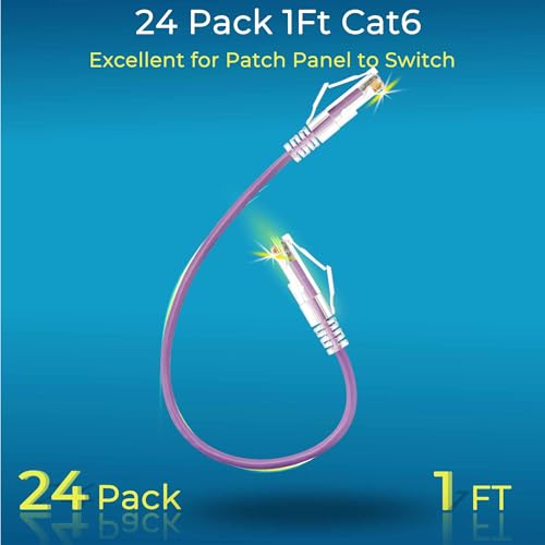 Rapink Patch Cables Cat6/ Cat6a 1ft (24 Pack) Slim, Cat6a Ethernet Patch Cable 10G Support, Snagless Cat 6 Patch Cable for Patch Panel to Switch, Flexiable Cat6 Ethernet Cable Purple by Rapink - Image 2