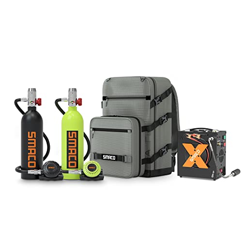 Smaco Mini Scuba Tank S400 1L Portable Diving Tank (2 Pcs) Reusable Scuba Pony Bottle Backup Dive Air Cylinder With 15-20 Minutes Family And Buddy Kit For Underwater Exploration Rescue C Black/Green #TOP10